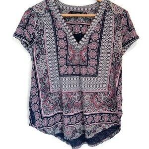 Lucky Brand Boho Mixed Print Cotton & Linen Blend Short Sleeve Top -‎ Size M